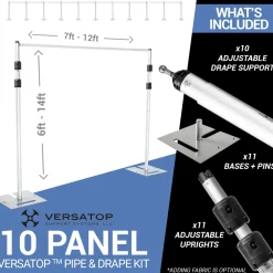 Versatop™ 2.0® - DELUXE-10 Panel Pipe and Drape Kit / Backdrop - 6-14 Feet Tall (Adjustable) Comes W/ 3 Piece Uprights for Maximum Height Adjustment