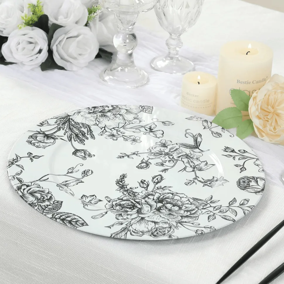 13" White with Black Floral Print Round French Toile Charger Plates – 6 Pieces Reusable Acrylic Chargers
