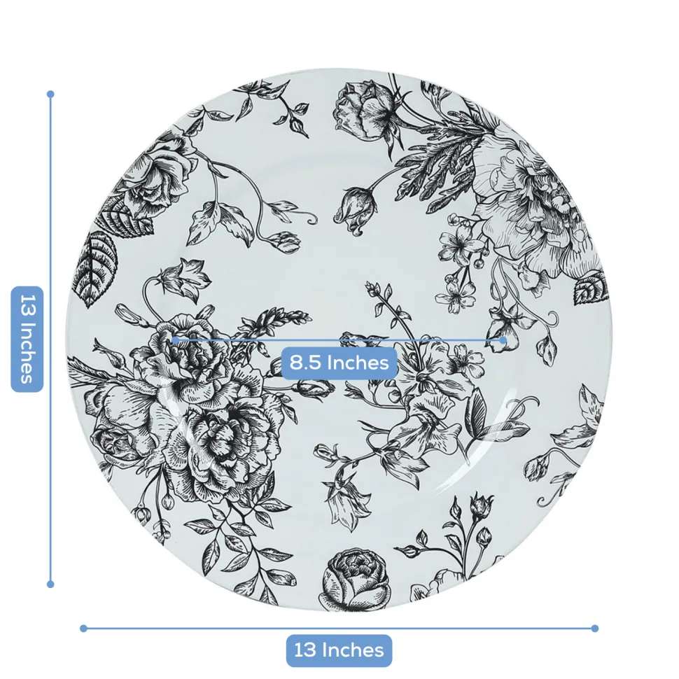 13" White with Black Floral Print Round French Toile Charger Plates – 6 Pieces Reusable Acrylic Chargers