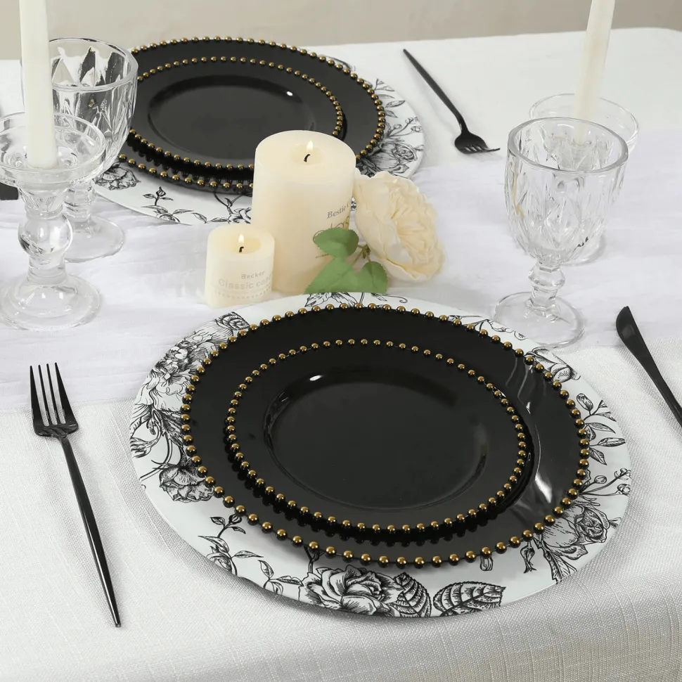 13" White with Black Floral Print Round French Toile Charger Plates – 6 Pieces Reusable Acrylic Chargers