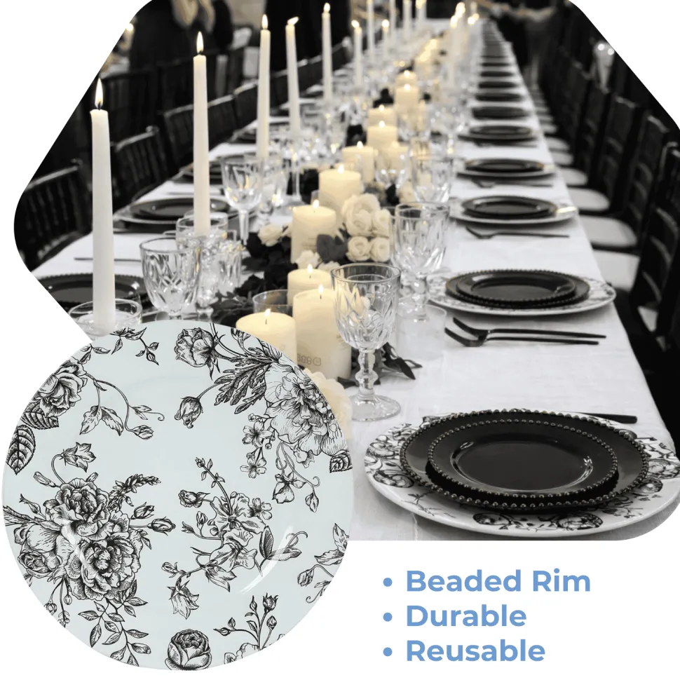 13" White with Black Floral Print Round French Toile Charger Plates – 6 Pieces Reusable Acrylic Chargers