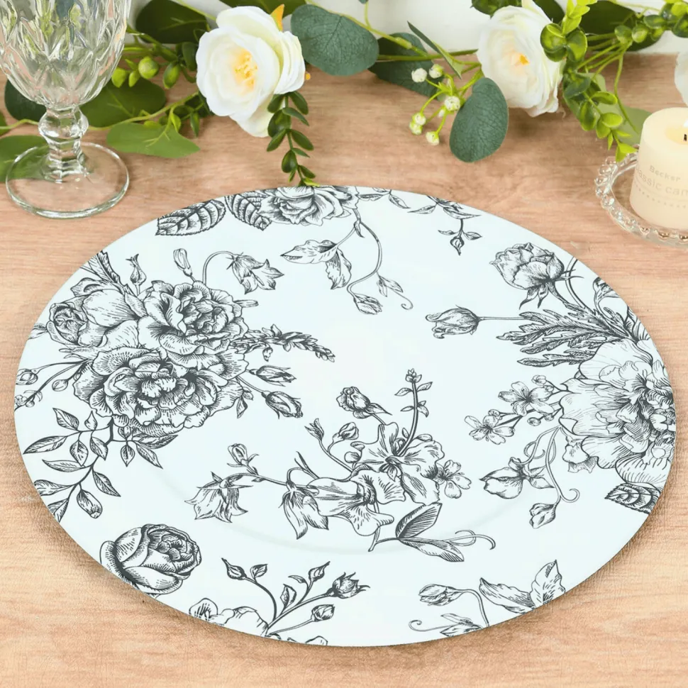 13" White with Black Floral Print Round French Toile Charger Plates – 6 Pieces Reusable Acrylic Chargers