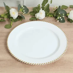 13" White with Gold Beaded Rim Round Charger Plates – 10 Pieces Reusable Economy Plastic Chargers