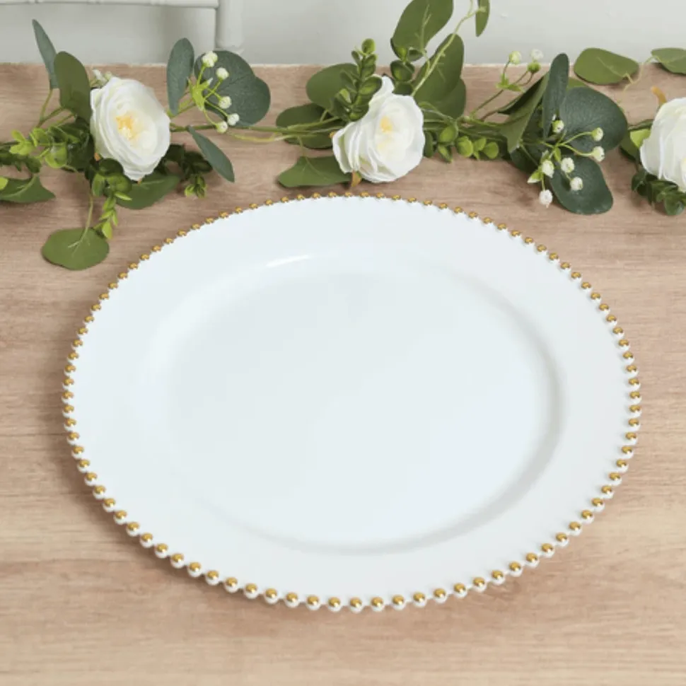 13" White with Gold Beaded Rim Round Charger Plates – 10 Pieces Reusable Economy Plastic Chargers