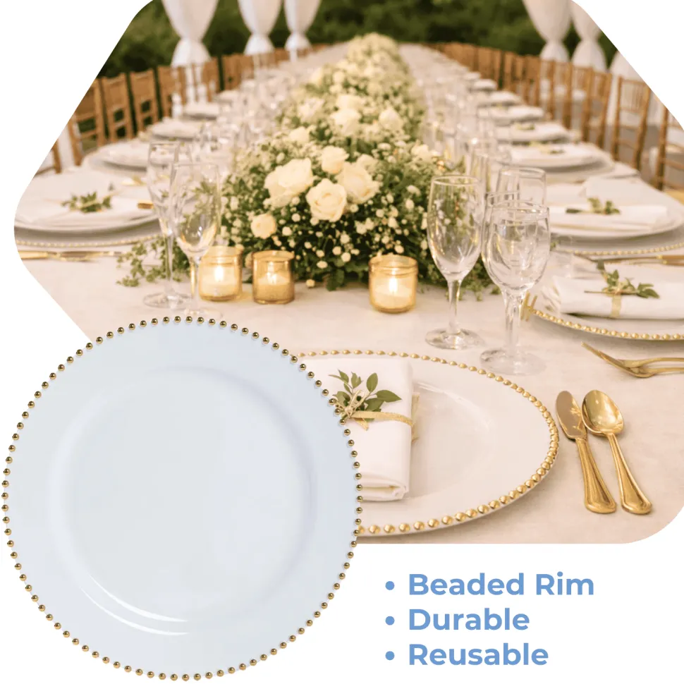 13" White with Gold Beaded Rim Round Charger Plates – 10 Pieces Reusable Economy Plastic Chargers