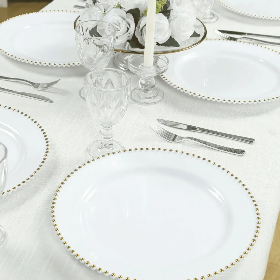 13" White with Gold Beaded Rim Round Charger Plates – 10 Pieces Reusable Economy Plastic Chargers