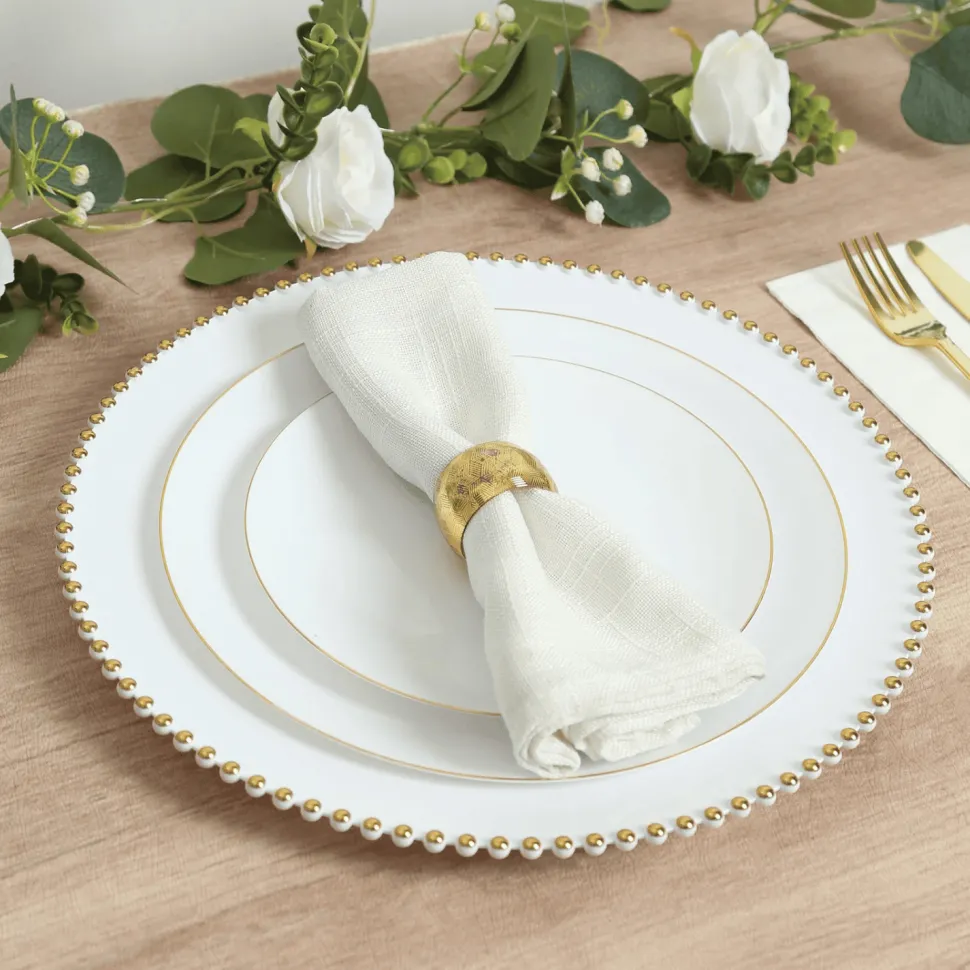 13" White with Gold Beaded Rim Round Charger Plates – 10 Pieces Reusable Economy Plastic Chargers