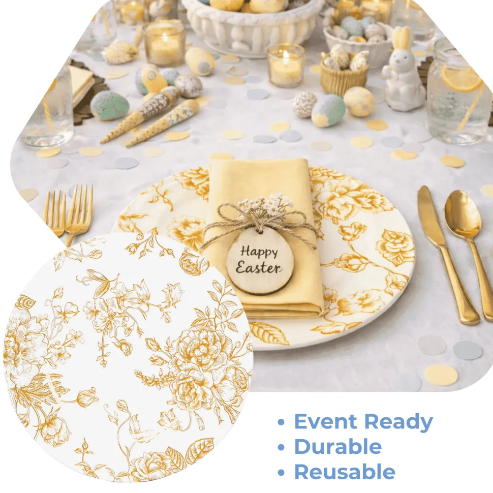 13" White with Gold Floral Print Round French Toile Charger Plates – 6 Pieces Reusable Acrylic Chargers