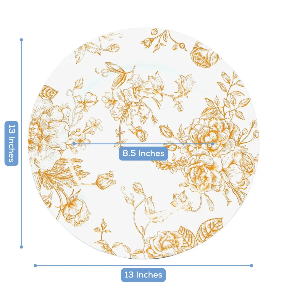 13" White with Gold Floral Print Round French Toile Charger Plates – 6 Pieces Reusable Acrylic Chargers