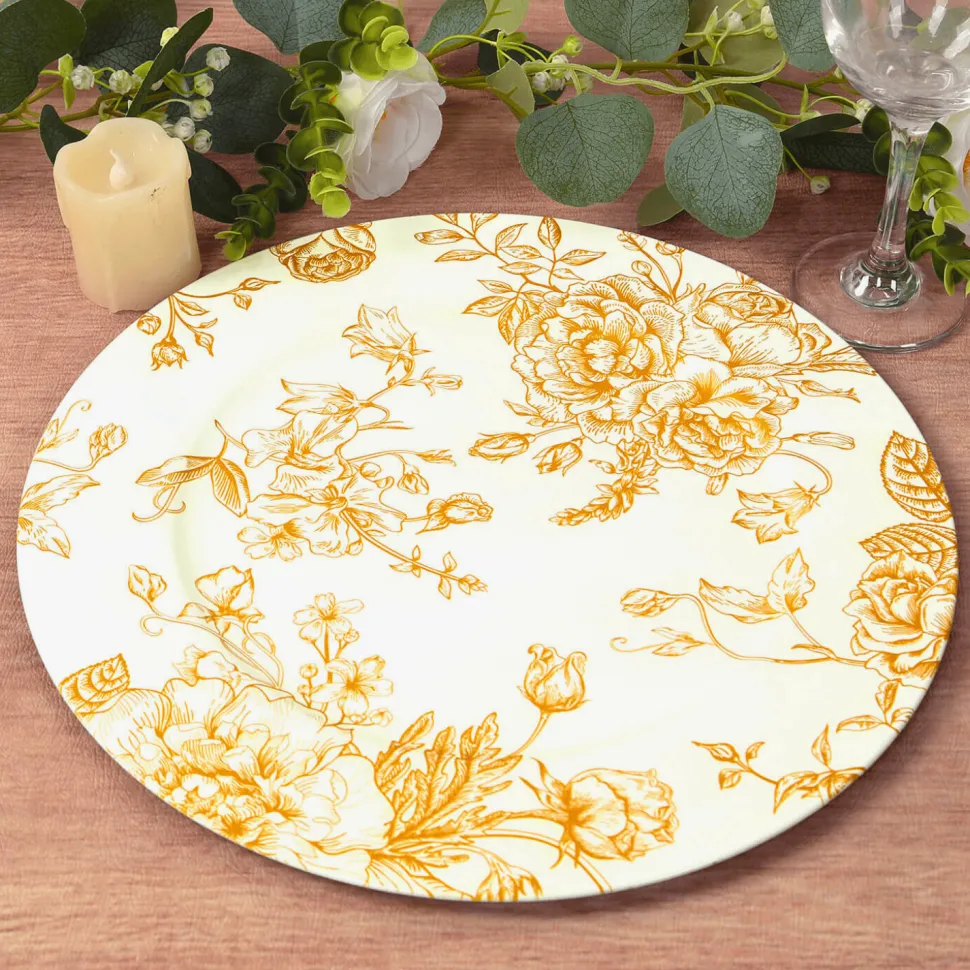 13" White with Gold Floral Print Round French Toile Charger Plates – 6 Pieces Reusable Acrylic Chargers