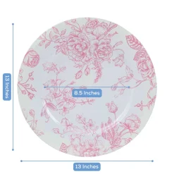 13" White with Pink Floral Print Round French Toile Charger Plates – 6 Pieces Reusable Acrylic Chargers