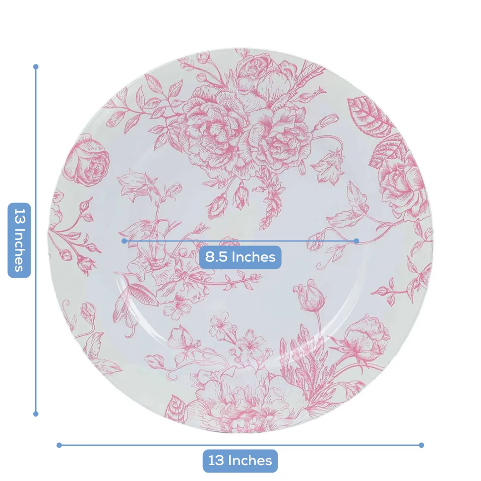13" White with Pink Floral Print Round French Toile Charger Plates – 6 Pieces Reusable Acrylic Chargers