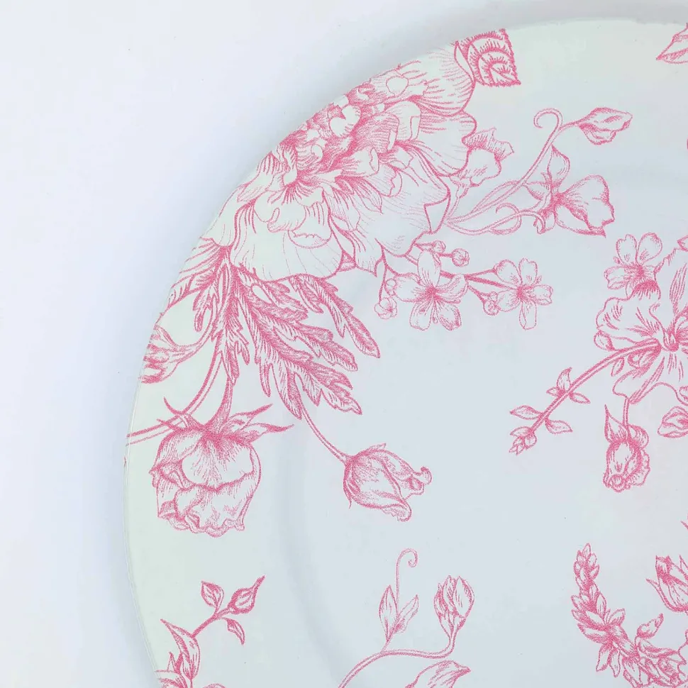 13" White with Pink Floral Print Round French Toile Charger Plates – 6 Pieces Reusable Acrylic Chargers