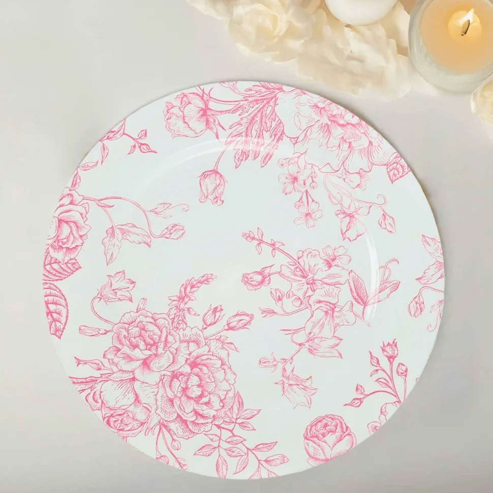 13" White with Pink Floral Print Round French Toile Charger Plates – 6 Pieces Reusable Acrylic Chargers