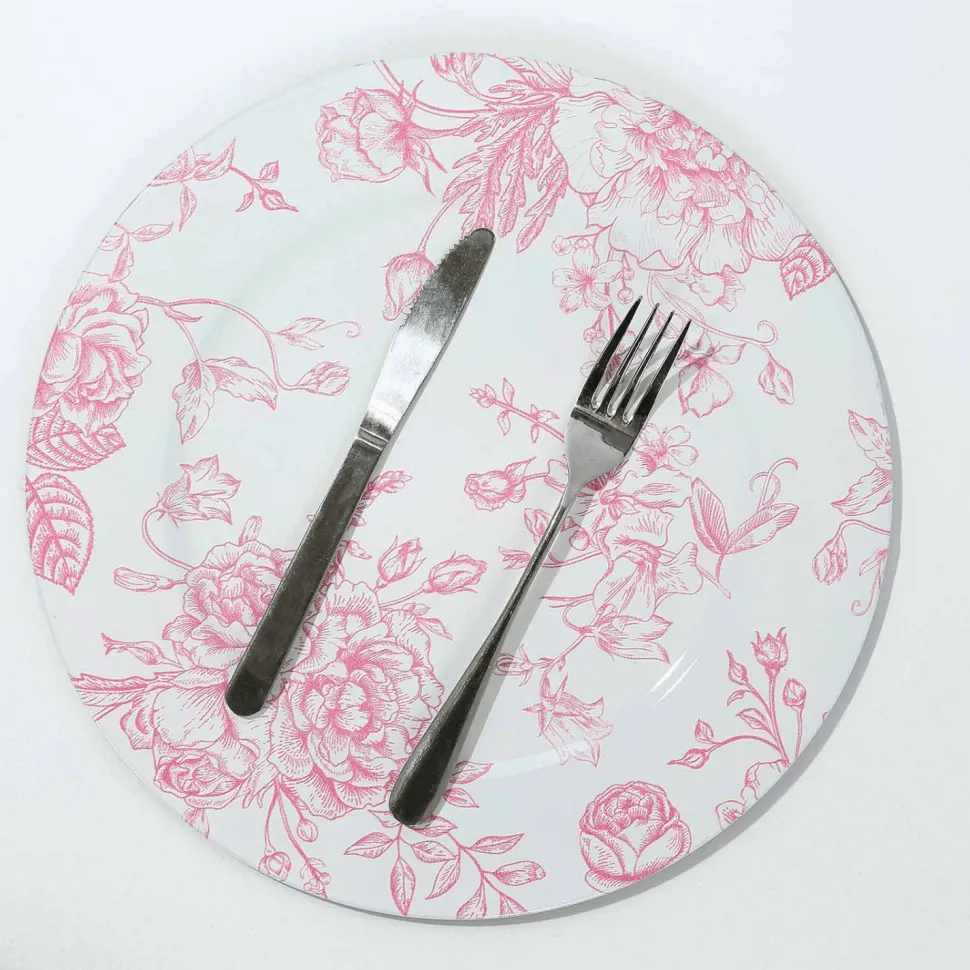 13" White with Pink Floral Print Round French Toile Charger Plates – 6 Pieces Reusable Acrylic Chargers