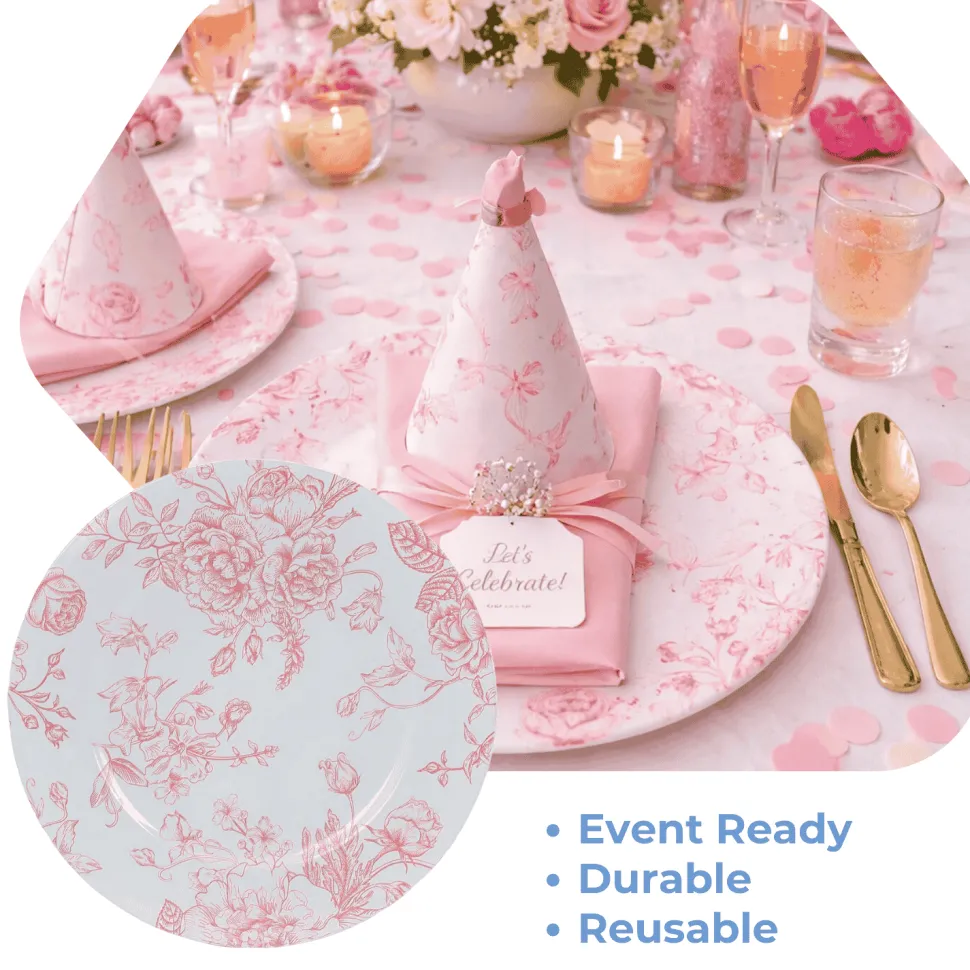 13" White with Pink Floral Print Round French Toile Charger Plates – 6 Pieces Reusable Acrylic Chargers