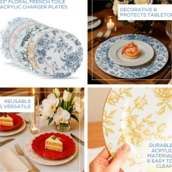 13" White with Sage Green Floral Print Round French Toile Charger Plates – 6 Pieces Reusable Acrylic Chargers