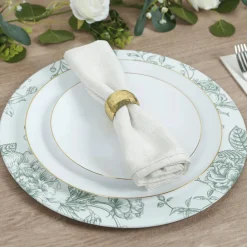 13" White with Sage Green Floral Print Round French Toile Charger Plates – 6 Pieces Reusable Acrylic Chargers