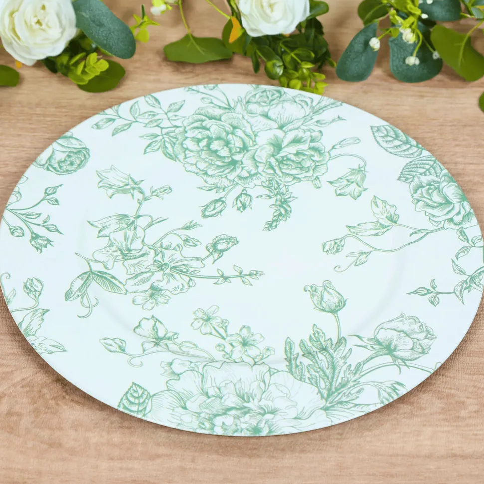 13" White with Sage Green Floral Print Round French Toile Charger Plates – 6 Pieces Reusable Acrylic Chargers