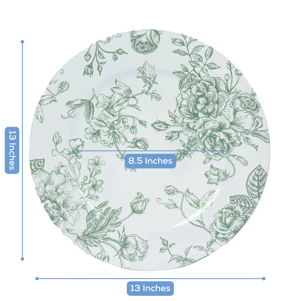 13" White with Sage Green Floral Print Round French Toile Charger Plates – 6 Pieces Reusable Acrylic Chargers