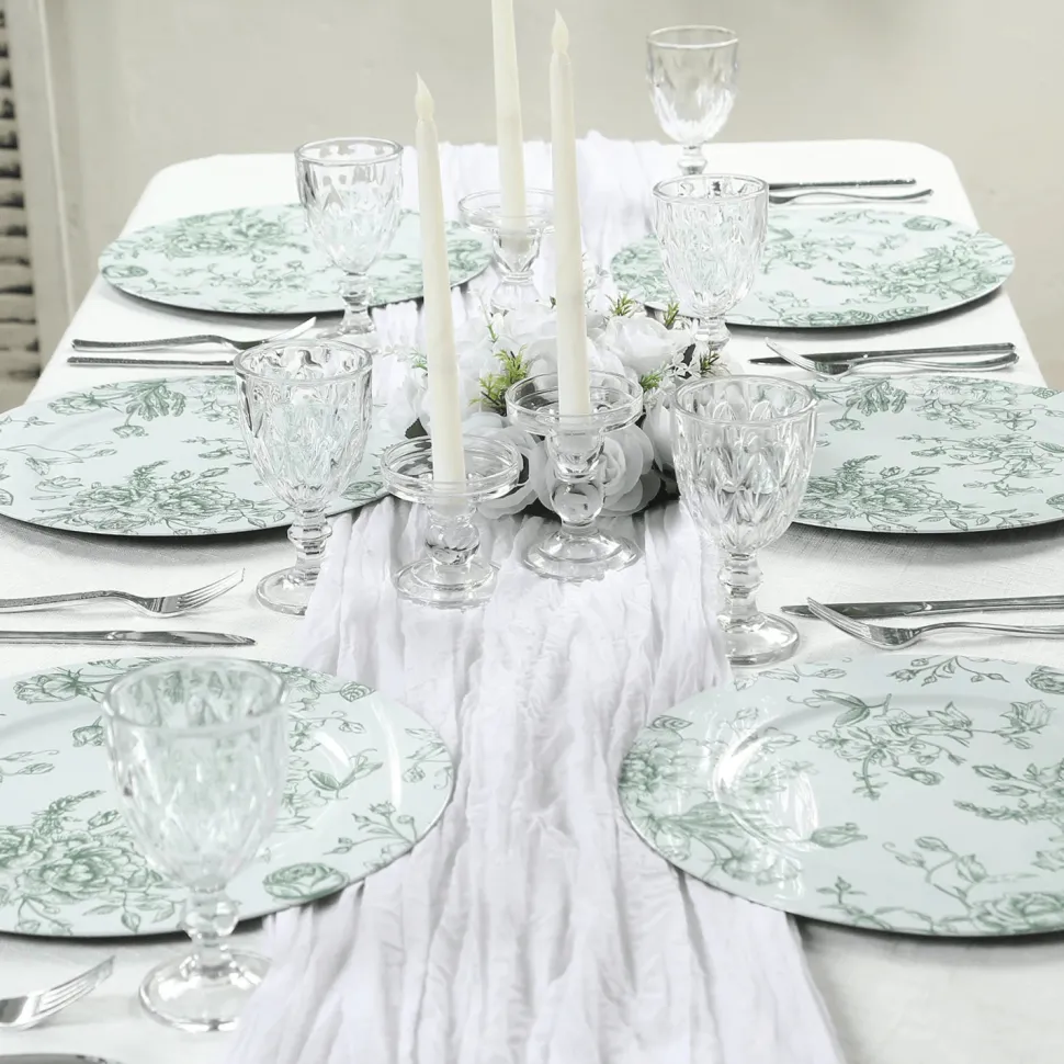 13" White with Sage Green Floral Print Round French Toile Charger Plates – 6 Pieces Reusable Acrylic Chargers