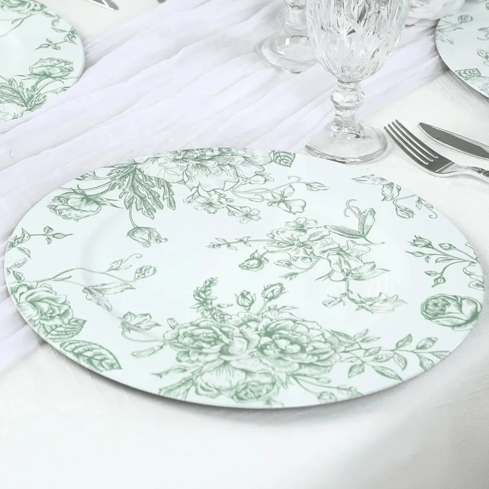 13" White with Sage Green Floral Print Round French Toile Charger Plates – 6 Pieces Reusable Acrylic Chargers